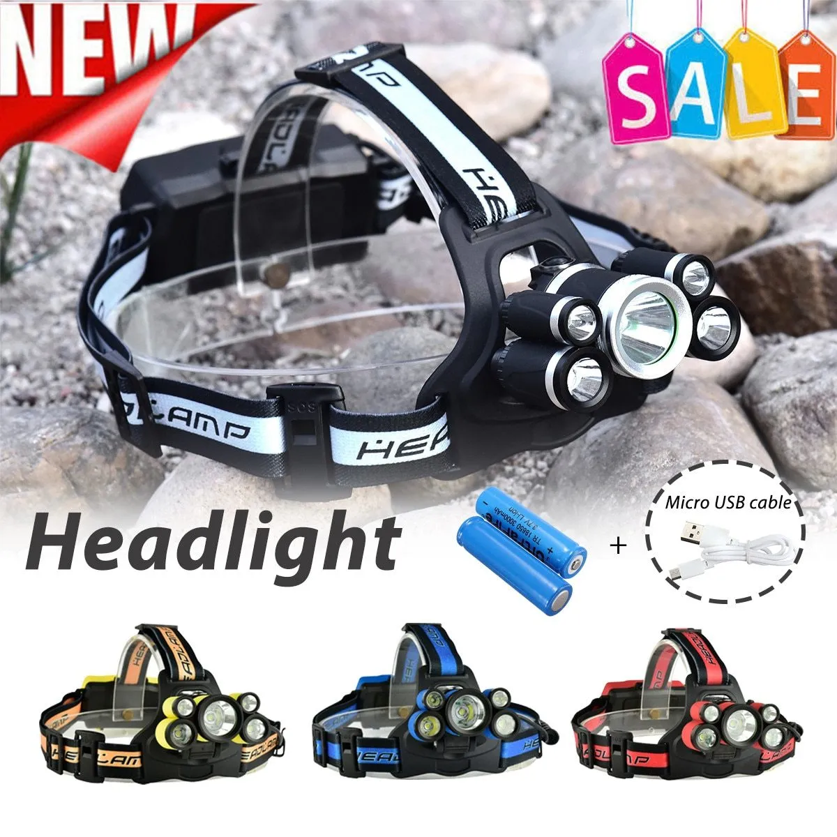 Portable Headlight 3*T6 2*Q5 LED Head Lamp USB Rechargeable Flashlight Torch Head Light Fishing Lanterna Use 18650 Battery