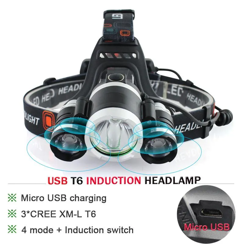 Portable Lighting headlamp usb LED head torch lanterna flashlight lamp waterproof IR sensor induction head lights 18650 battery