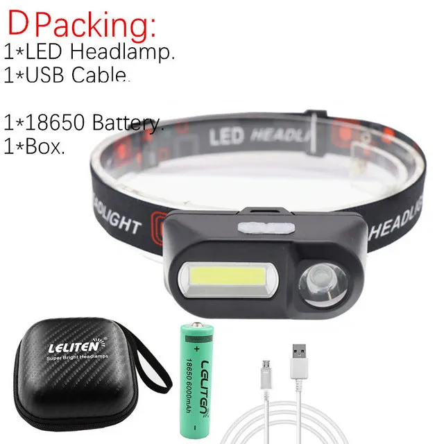 Portable mini XPE COB LED Headlamp USB Rechargeable