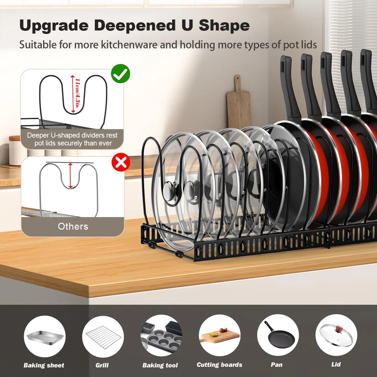 Pot and Pan Organizer Rack for Cabinet, Expandable Pot Lid Organizer Holder with 14 Adjustable Dividers, Fully Expanded Size 22.83" W x 7.09" D x 7.09" H, Black