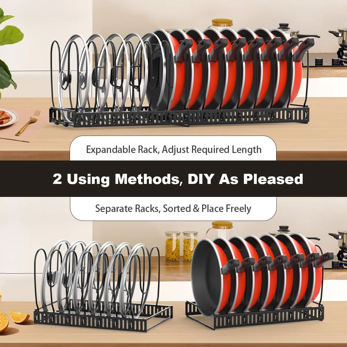 Pot and Pan Organizer Rack for Cabinet, Expandable Pot Lid Organizer Holder with 14 Adjustable Dividers, Fully Expanded Size 22.83" W x 7.09" D x 7.09" H, Black
