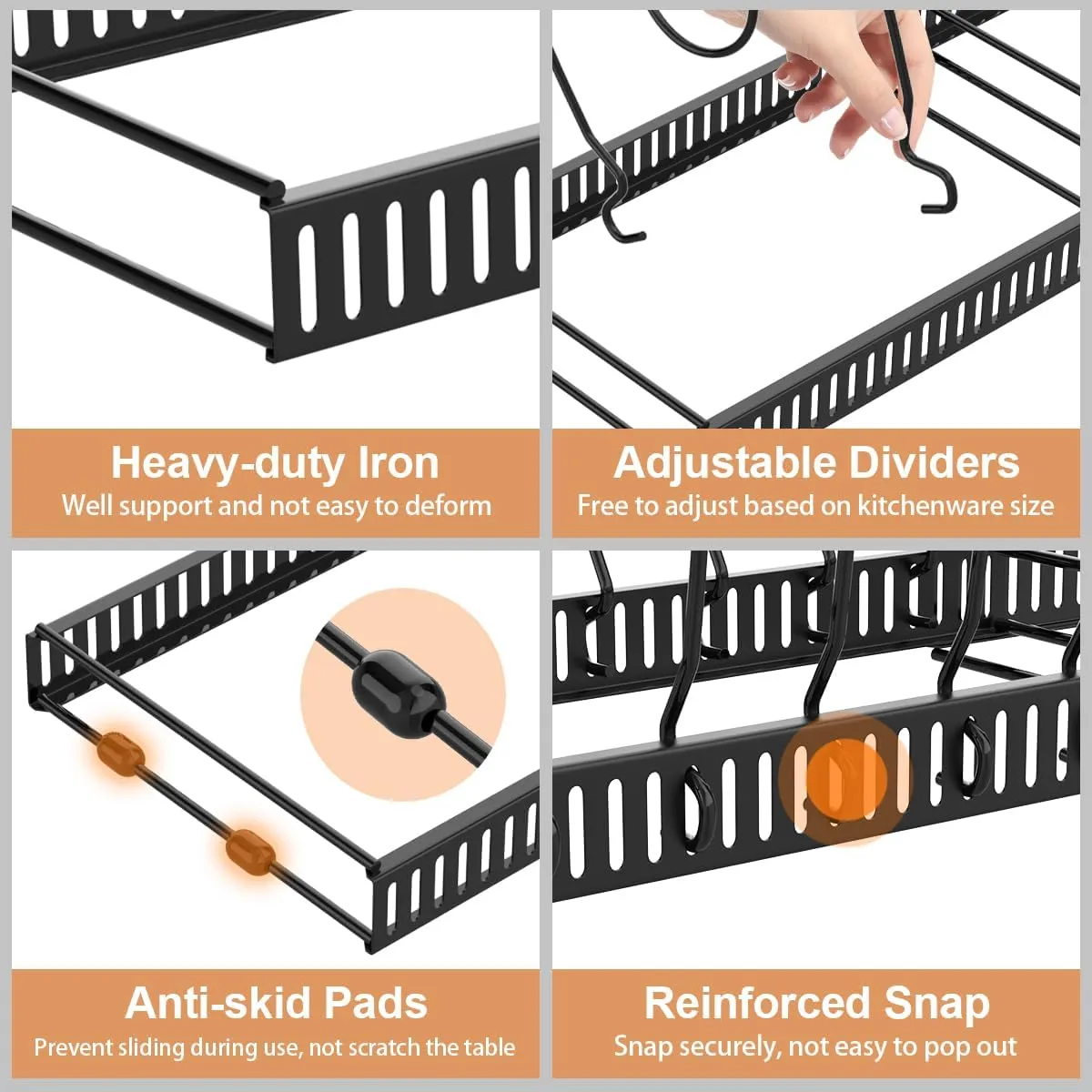 Pot and Pan Organizer Rack for Cabinet, Expandable Pot Lid Organizer Holder with 14 Adjustable Dividers, Fully Expanded Size 22.83" W x 7.09" D x 7.09" H, Black