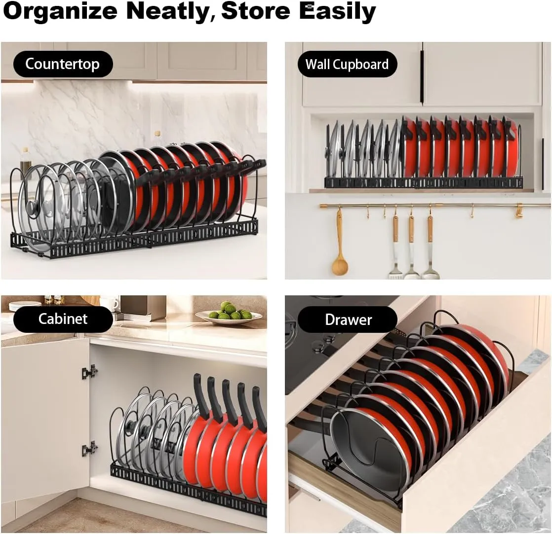 Pot and Pan Organizer Rack for Cabinet, Expandable Pot Lid Organizer Holder with 14 Adjustable Dividers, Fully Expanded Size 22.83" W x 7.09" D x 7.09" H, Black