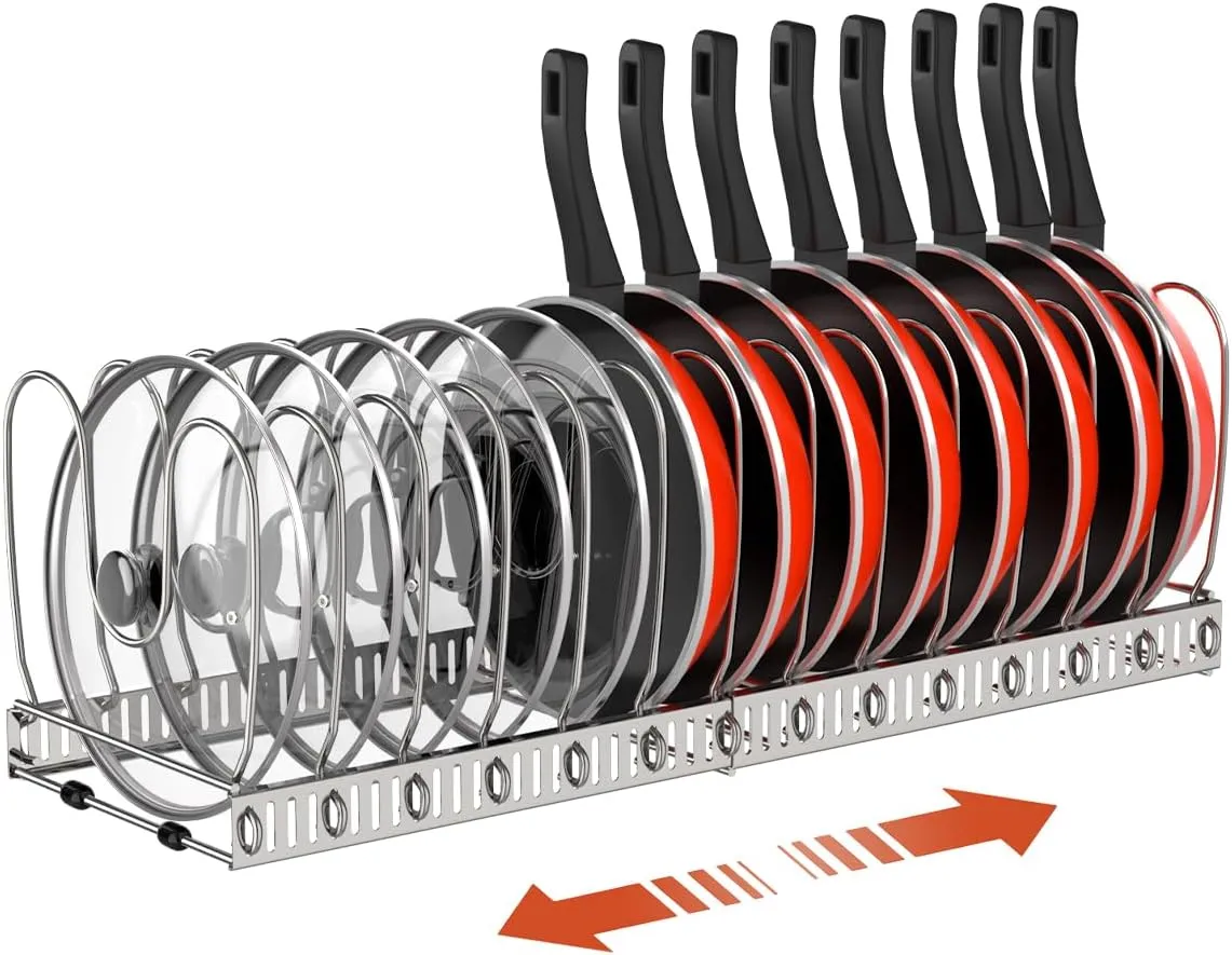Pot and Pan Organizer Rack for Cabinet, Stainless Steel Expandable Pot Lid Organizer with 14 Adjustable Dividers, Pot and Pan Holder Rack Storage Organizer for Kitchen, Silver