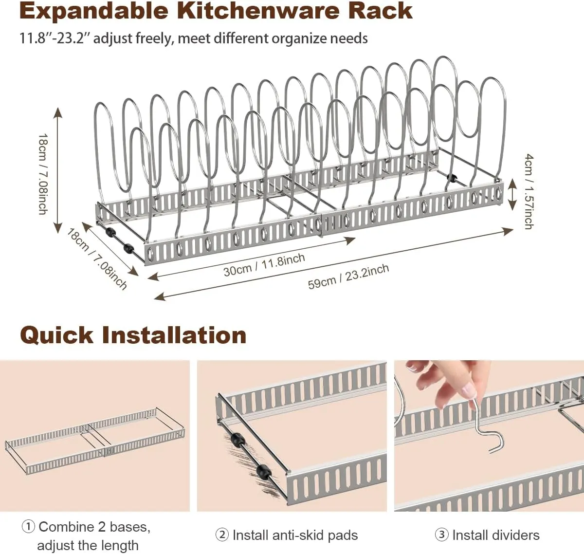 Pot and Pan Organizer Rack for Cabinet, Stainless Steel Expandable Pot Lid Organizer with 14 Adjustable Dividers, Pot and Pan Holder Rack Storage Organizer for Kitchen, Silver