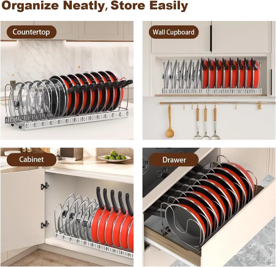 Pot and Pan Organizer Rack for Cabinet, Stainless Steel Expandable Pot Lid Organizer with 14 Adjustable Dividers, Pot and Pan Holder Rack Storage Organizer for Kitchen, Silver