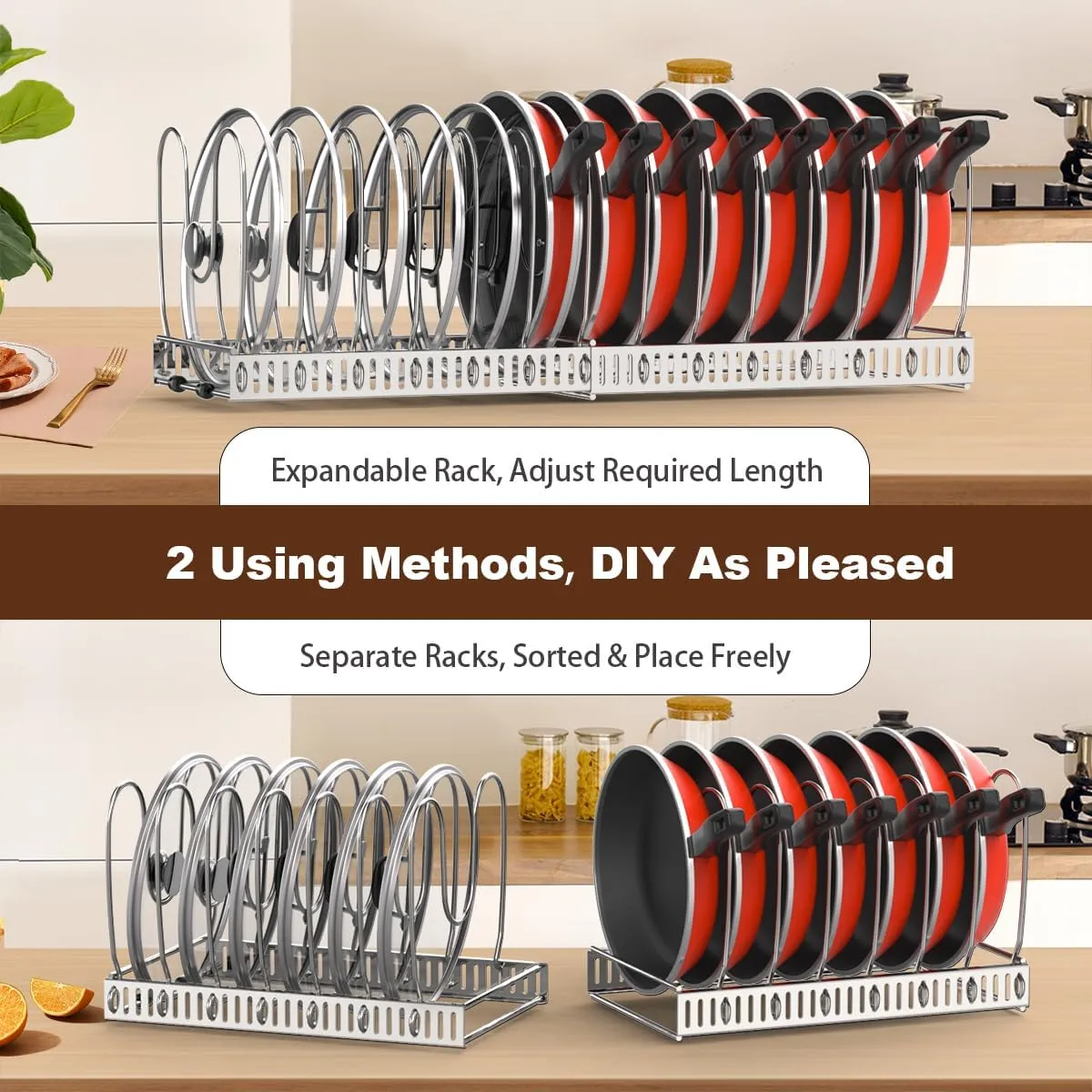 Pot and Pan Organizer Rack for Cabinet, Stainless Steel Expandable Pot Lid Organizer with 14 Adjustable Dividers, Pot and Pan Holder Rack Storage Organizer for Kitchen, Silver