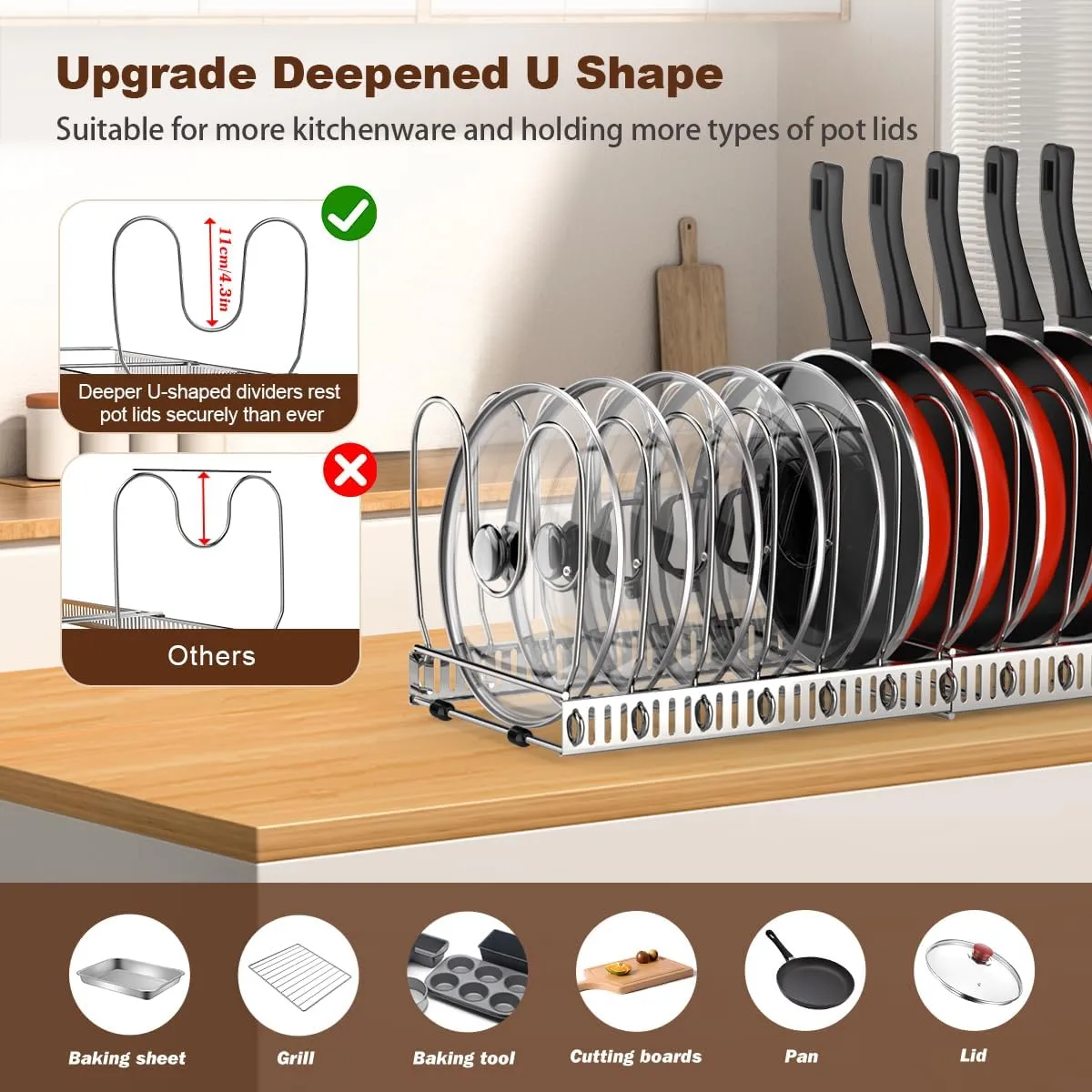 Pot and Pan Organizer Rack for Cabinet, Stainless Steel Expandable Pot Lid Organizer with 14 Adjustable Dividers, Pot and Pan Holder Rack Storage Organizer for Kitchen, Silver