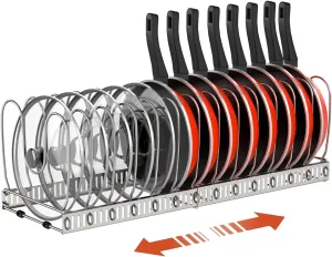 Pot and Pan Organizer Rack for Cabinet, Stainless Steel Expandable Pot Lid Organizer with 14 Adjustable Dividers, Pot and Pan Holder Rack Storage Organizer for Kitchen, Silver