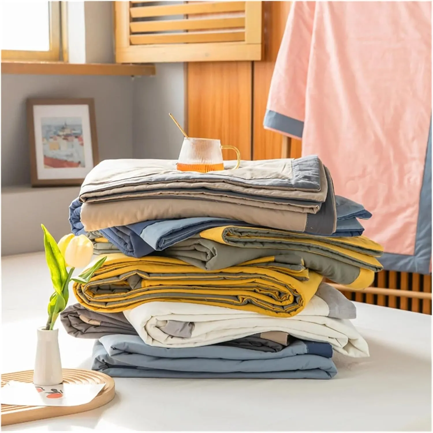 Pure White Solid Cool Summer Air Condition Quilt Stitching Throws Washable Cotton Filler Twin Queen Size Blanket,Bedding Set (B Twin Size Quilt)