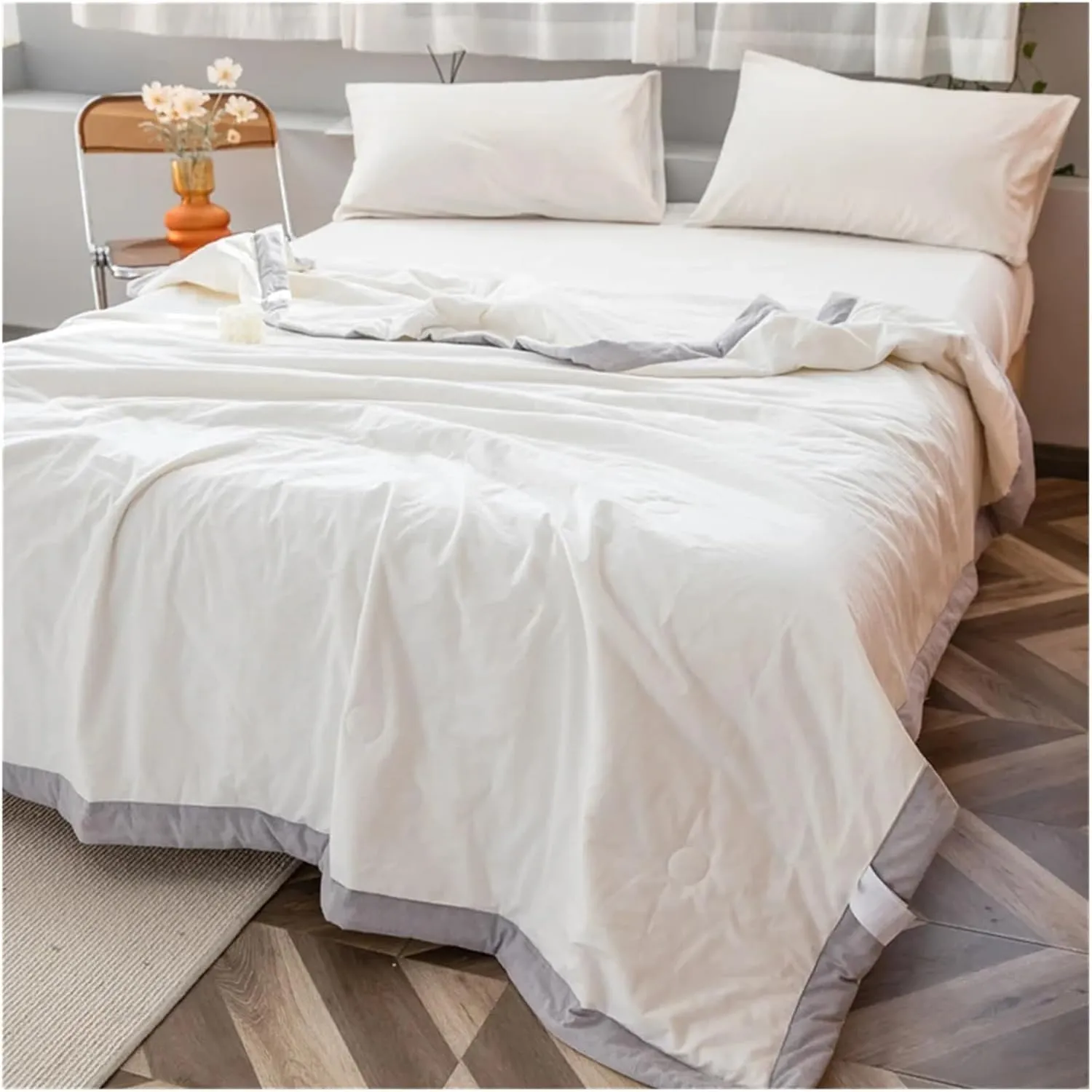 Pure White Solid Cool Summer Air Condition Quilt Stitching Throws Washable Cotton Filler Twin Queen Size Blanket,Bedding Set (B Twin Size Quilt)