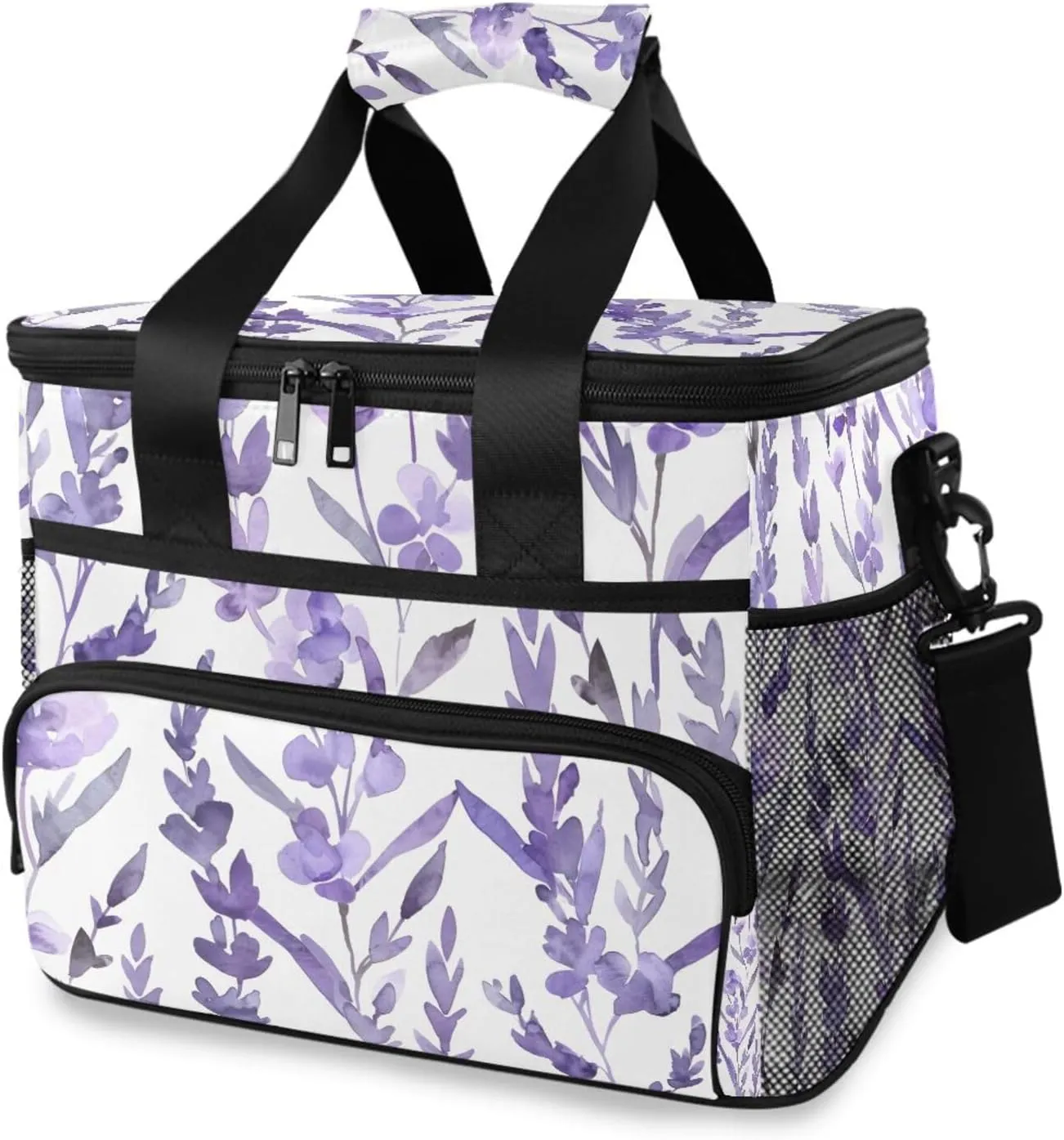 Purple Lavender Flower Pattern Cooler Bag Insulated Cooler Soft Sided Cooler 24 Can Portable Picnic Bag Large Leakproof Lunch Bag Box for Beach Grocery Camping Travel Car Men Women
