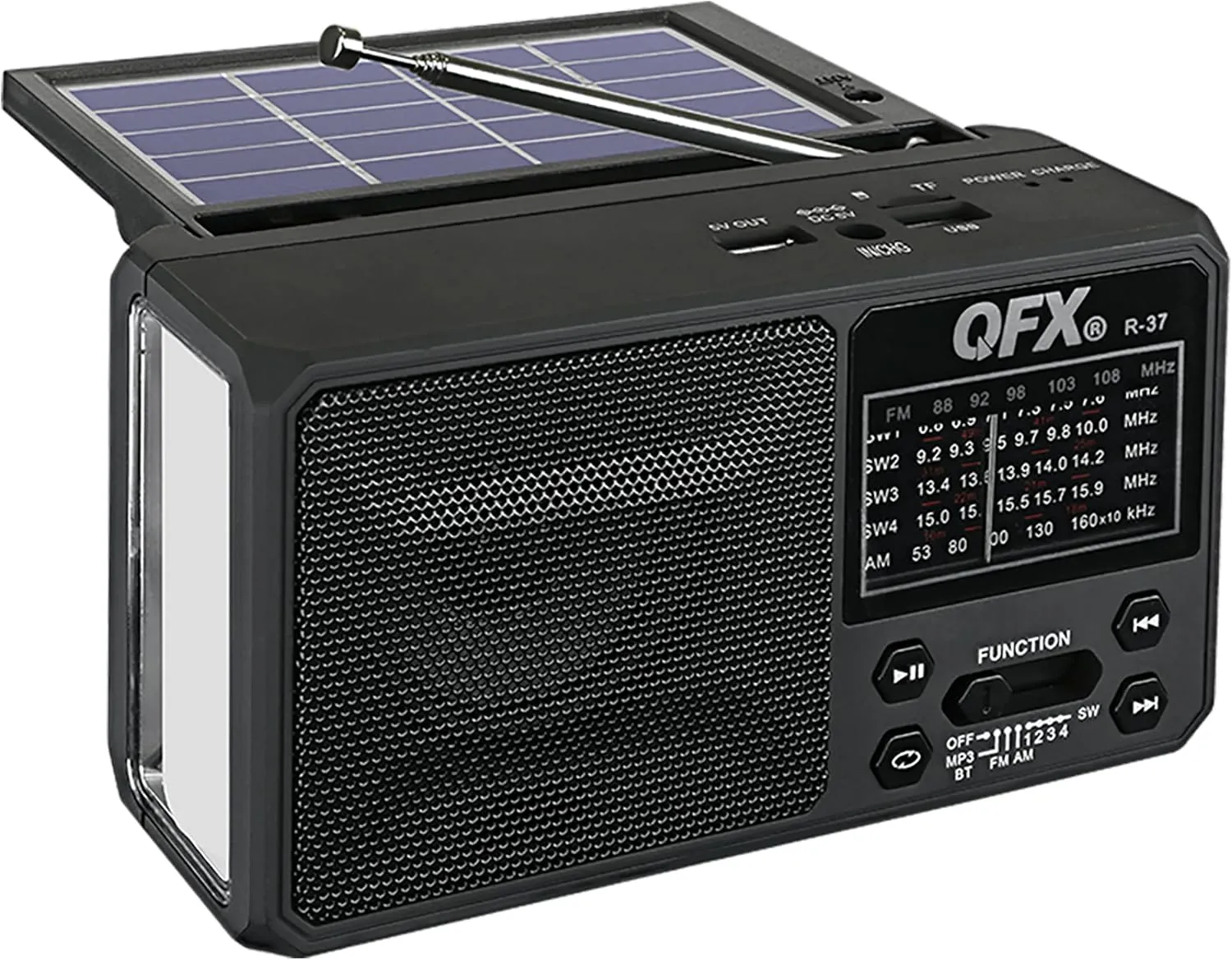 QFX R-37 6-Band (AM, FM, SW1 - SW4) Bluetooth LED Flashlight Solar Radio (2021 Model)