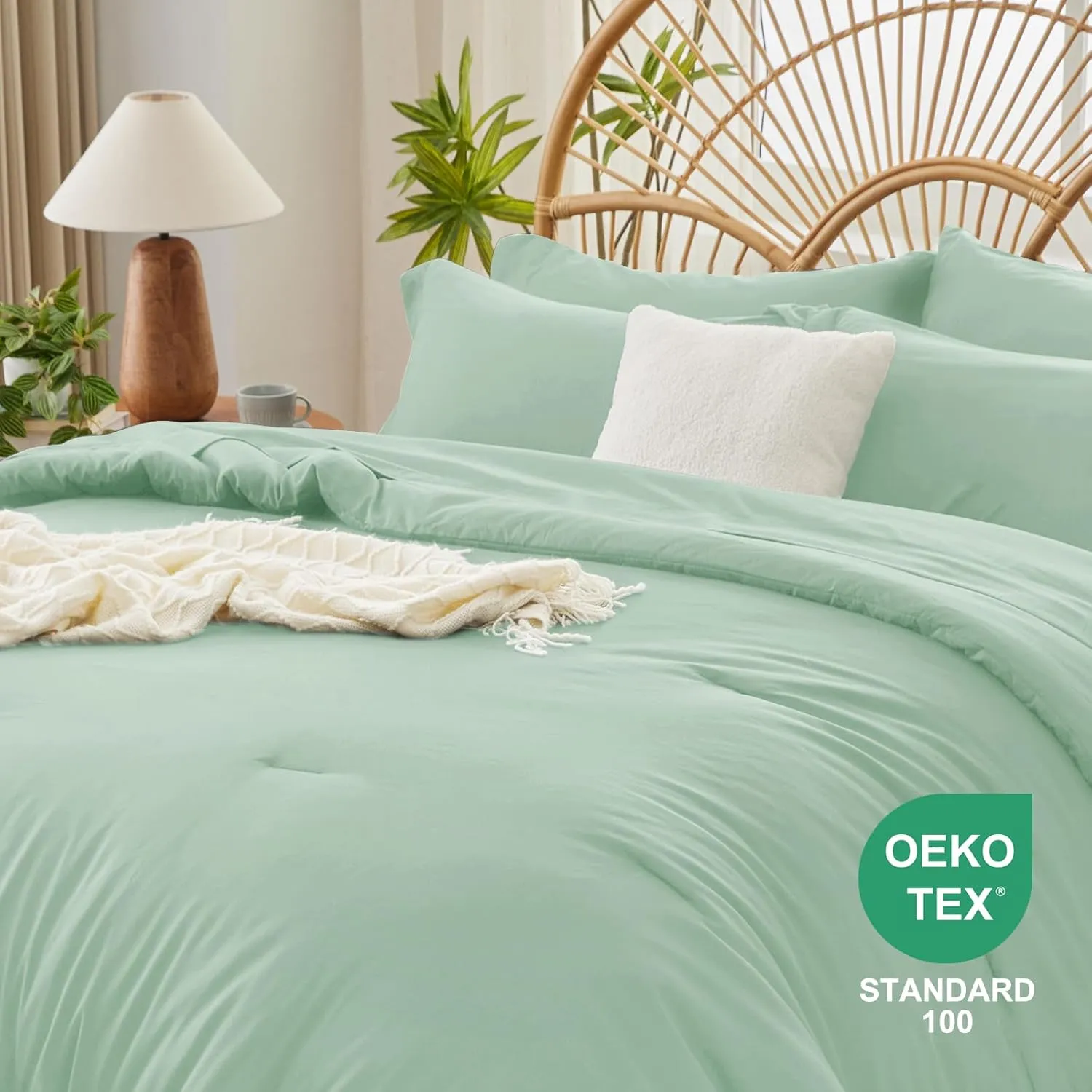 Queen Comforter Set Sage Green, 7 Pieces Queen Bedding Set with Comforter, Flat Sheets, Fitted Sheet, Pillowcases & Shams, Bed in a Bag Queen for All Season