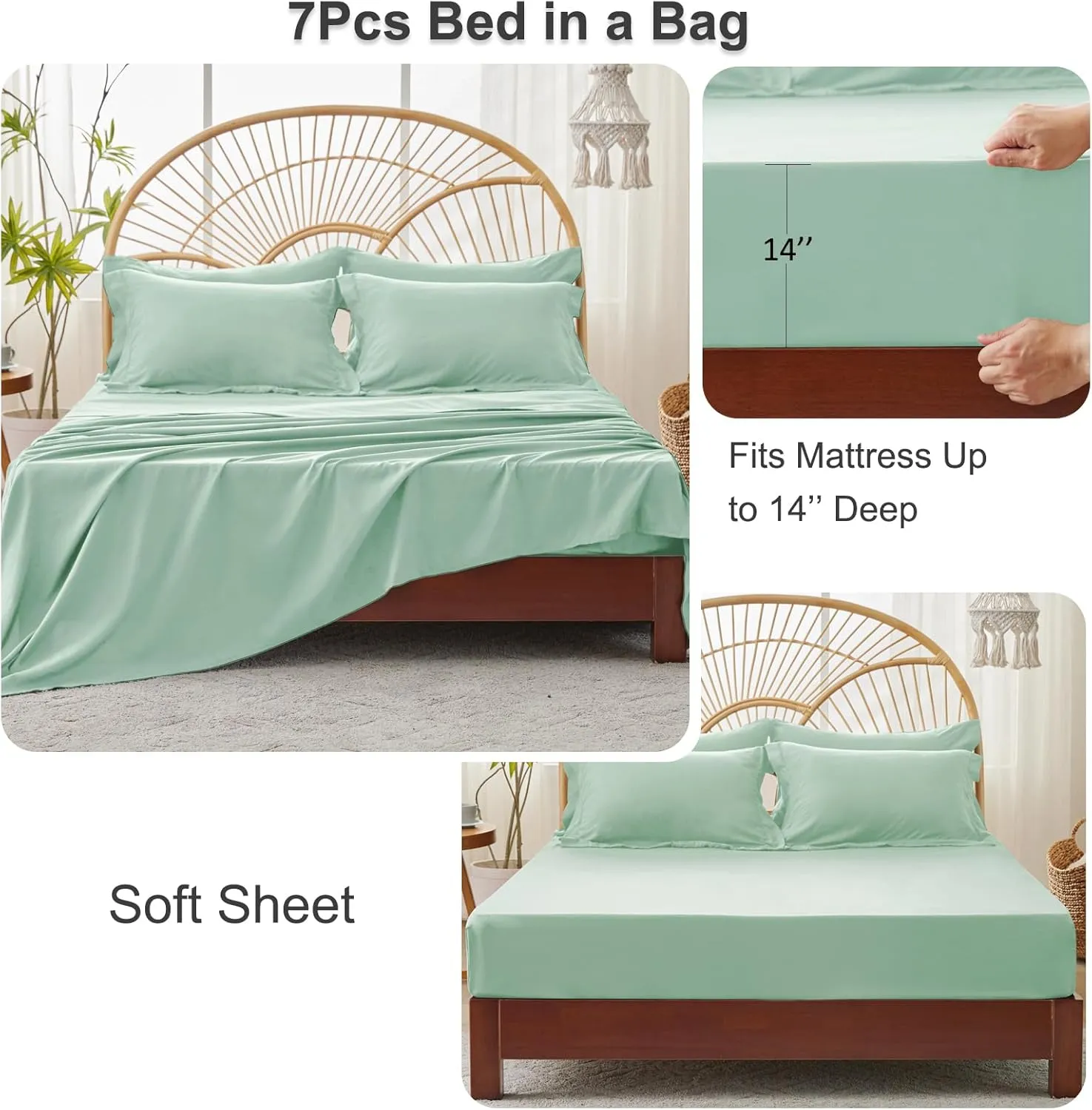 Queen Comforter Set Sage Green, 7 Pieces Queen Bedding Set with Comforter, Flat Sheets, Fitted Sheet, Pillowcases & Shams, Bed in a Bag Queen for All Season