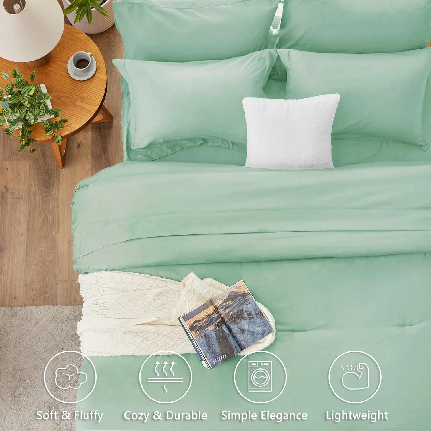 Queen Comforter Set Sage Green, 7 Pieces Queen Bedding Set with Comforter, Flat Sheets, Fitted Sheet, Pillowcases & Shams, Bed in a Bag Queen for All Season