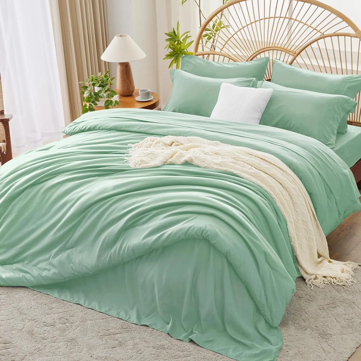 Queen Comforter Set Sage Green, 7 Pieces Queen Bedding Set with Comforter, Flat Sheets, Fitted Sheet, Pillowcases & Shams, Bed in a Bag Queen for All Season