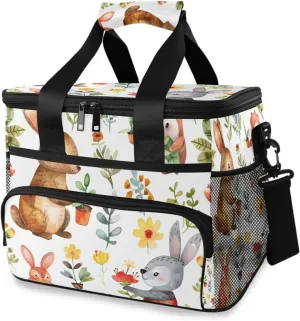 Rabbit Flower Leaves White Cooler Bag Insulated Cooler Soft Sided Cooler 24 Can Portable Picnic Bag Large Leakproof Lunch Bag Box for Beach Grocery Camping Travel Car Men Women