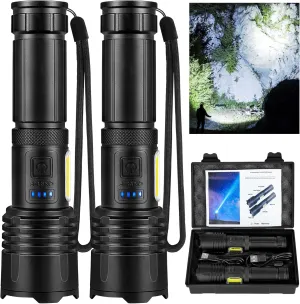 Rechargeable 3,000 High Lumens Flashlights, 2 Pack Super Bright LED Flash Light with Cob, 7 Modes Waterproof Powerful Flashlight for Home