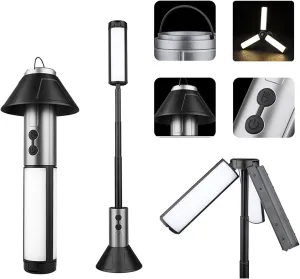 Rechargeable 3000mAh Camping Light with Stand 1.71ft Max Height ，Cordless Work Light with 3 LED Lamp Heads, 2200 Lumens Camping Essentials Gear Emergency Flashlight（Black