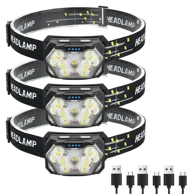 Rechargeable 9 LED Headlamp with Motion Sensor - USB, Portable Headlight for Fishing, Camping, Outdoor, Work Flashlight