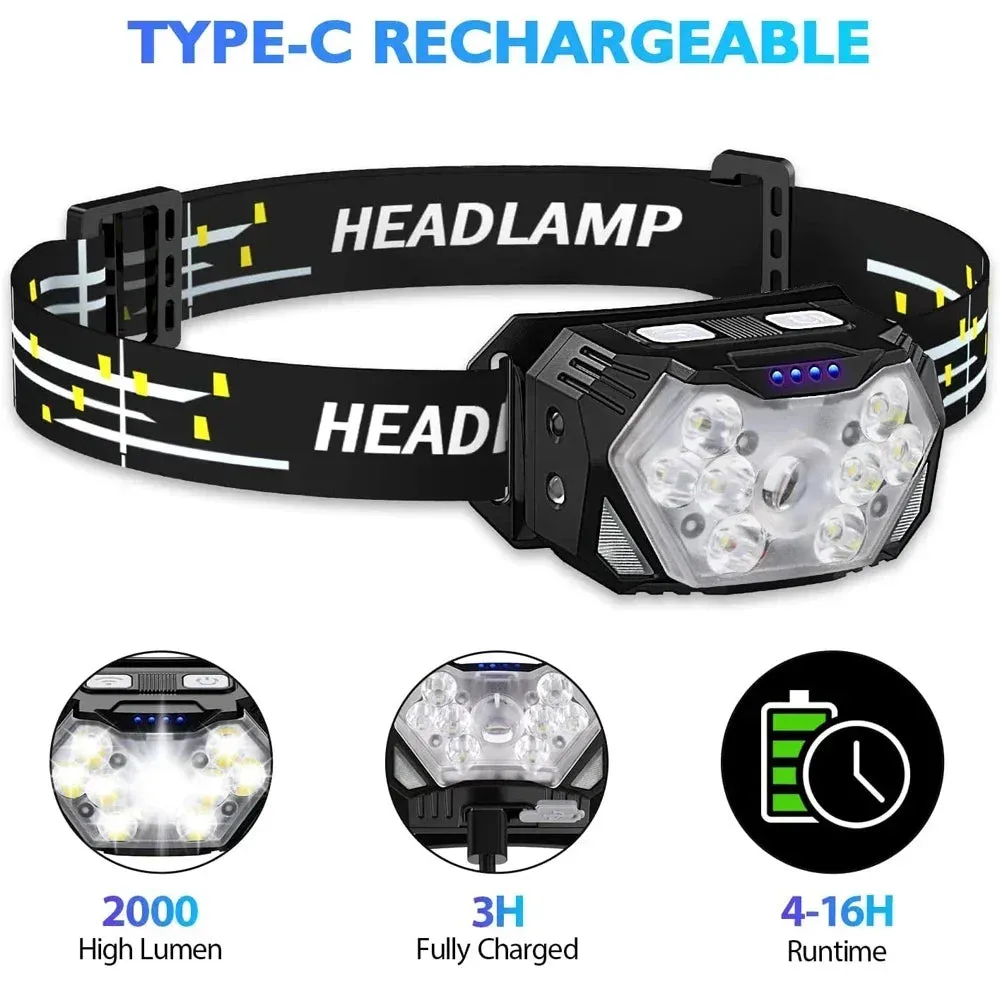 Rechargeable 9 LED Headlamp with Motion Sensor - USB, Portable Headlight for Fishing, Camping, Outdoor, Work Flashlight