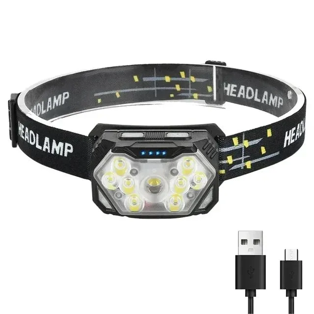 Rechargeable 9 LED Headlamp with Motion Sensor - USB, Portable Headlight for Fishing, Camping, Outdoor, Work Flashlight