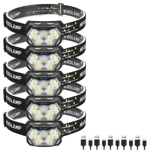 Rechargeable 9 LED Headlamp with Motion Sensor - USB, Portable Headlight for Fishing, Camping, Outdoor, Work Flashlight