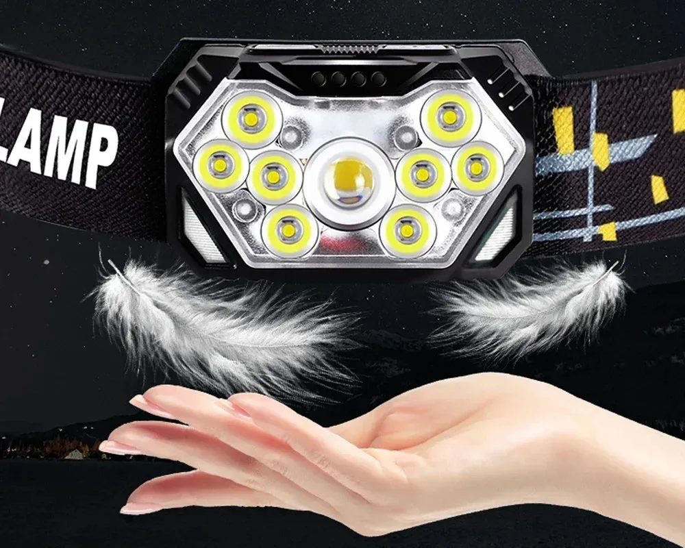 Rechargeable 9 LED Headlamp with Motion Sensor - USB, Portable Headlight for Fishing, Camping, Outdoor, Work Flashlight