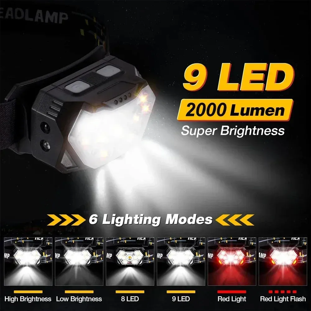 Rechargeable 9 LED Headlamp with Motion Sensor - USB, Portable Headlight for Fishing, Camping, Outdoor, Work Flashlight