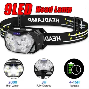 Rechargeable 9 LED Headlamp with Motion Sensor - USB, Portable Headlight for Fishing, Camping, Outdoor, Work Flashlight
