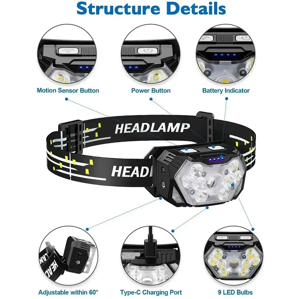 Rechargeable 9 LED Headlamp with Motion Sensor - USB, Portable Headlight for Fishing, Camping, Outdoor, Work Flashlight