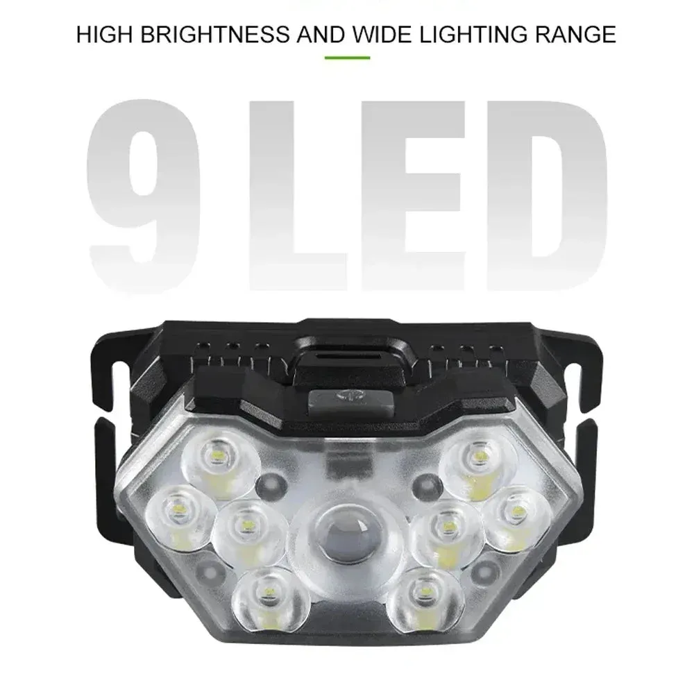 Rechargeable 9 LED Headlamp with Motion Sensor - USB, Portable Headlight for Fishing, Camping, Outdoor, Work Flashlight