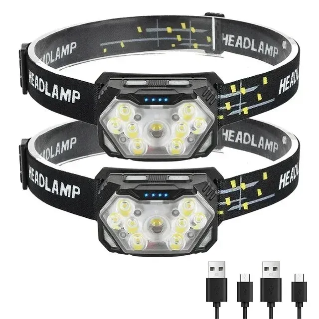 Rechargeable 9 LED Headlamp with Motion Sensor - USB, Portable Headlight for Fishing, Camping, Outdoor, Work Flashlight