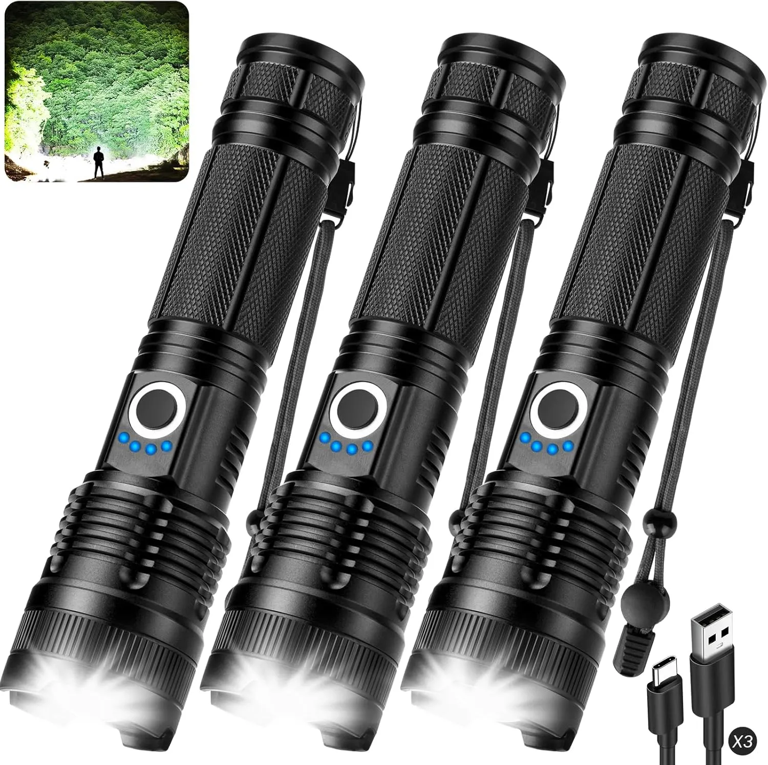 Rechargeable 990,000 High Lumens Flashlights - 3 Pack Super Bright LED Flash Light for Home with 5 Modes, Powerful Waterproof Handheld Flashlight for Camping Emergencies