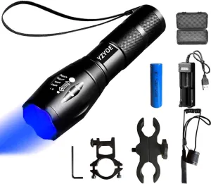 Rechargeable Blue Light Tactical Flashlight，600 Yard Blue Hunting Light Zoomable Flashlight Hog Predator Lights with Pressure Switch Universal Picatinny Rail Mount kit.