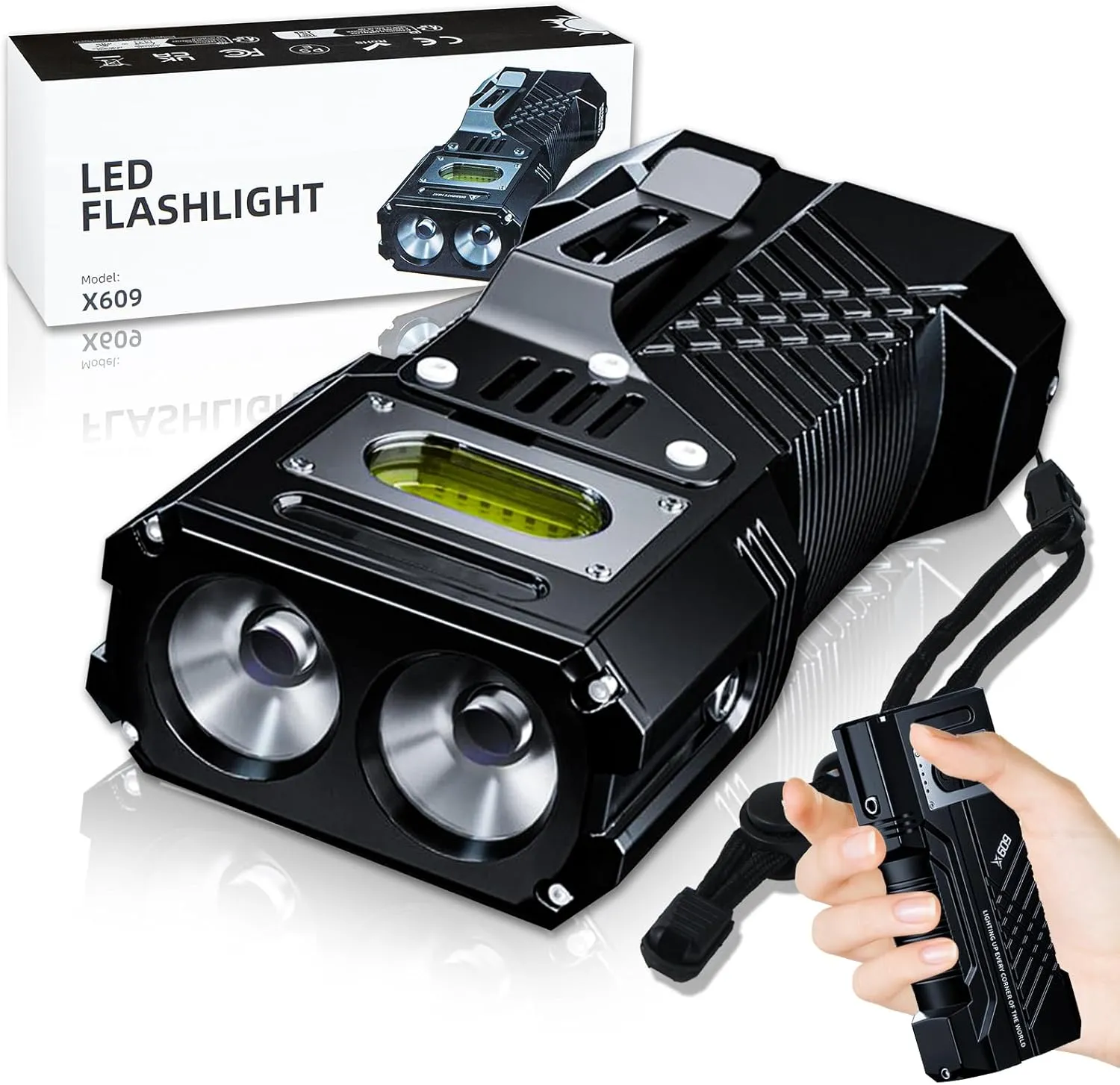 Rechargeable EDC Flat Flashlight 3000 Lumens Dual Light Sources with Side lights 500 Lumens Strong Light Led Flashlight, 6 Modes-Powerful, Waterproof Small Camping Flashlights for Home, Emergency