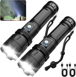Rechargeable Flashlight, 2 Pack Super Bright Led Flashlight High Lumen, USB Rechargeable Powerful Flashlight with 5 Modes, Zoomable Waterproof Flash Light for Emergency Camping