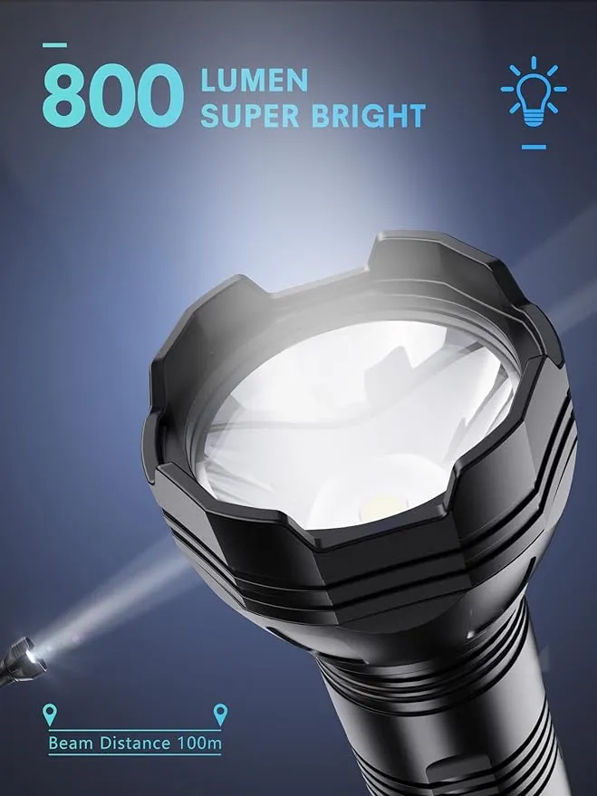 Rechargeable Flashlight, 800 Lumen, Waterproof, LED, 5 Light Modes, Portable, Easy to Use, Weather Resistant
