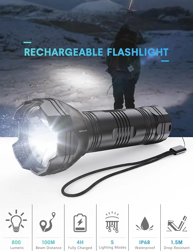 Rechargeable Flashlight, 800 Lumen, Waterproof, LED, 5 Light Modes, Portable, Easy to Use, Weather Resistant