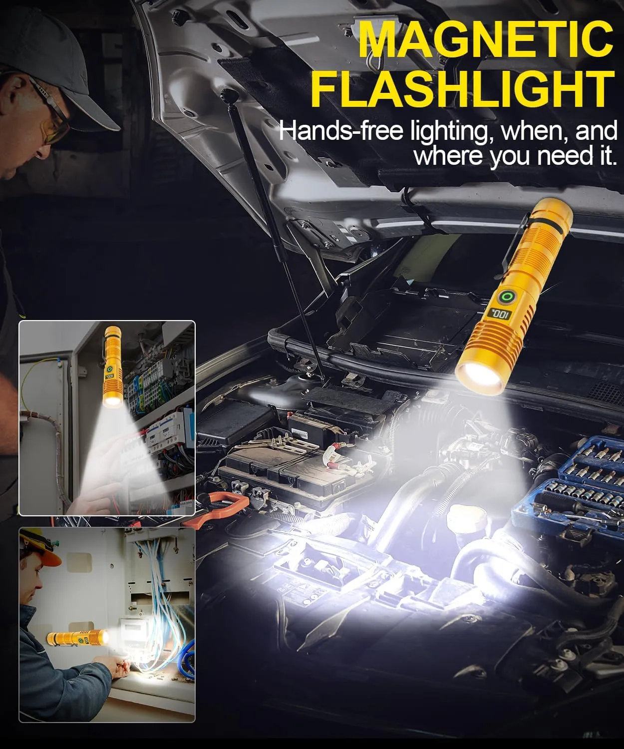 Rechargeable Flashlight High Lumens-Super Bright Magnetic Flash Light with Power Digital Display, Long Range,Dimmable,Waterproof,Pocket LED Flashlights for Emergency Camping 2PC Gold