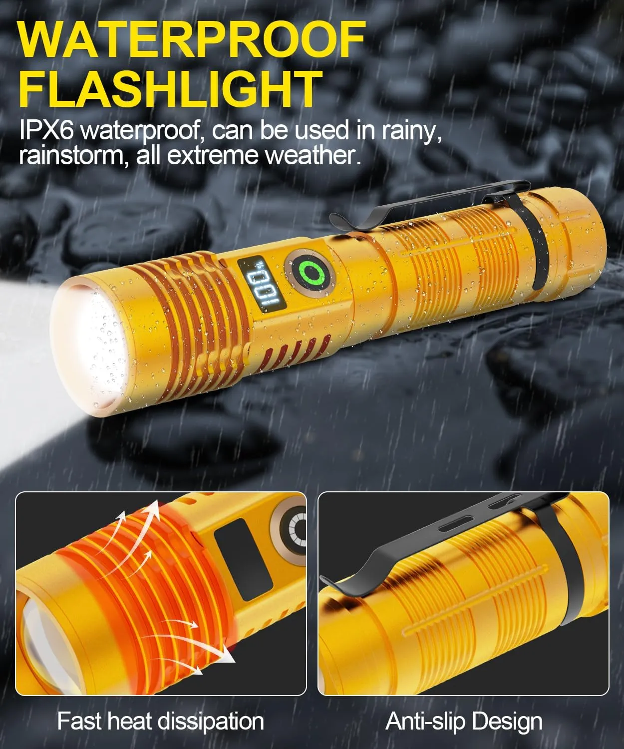 Rechargeable Flashlight High Lumens-Super Bright Magnetic Flash Light with Power Digital Display, Long Range,Dimmable,Waterproof,Pocket LED Flashlights for Emergency Camping 2PC Gold