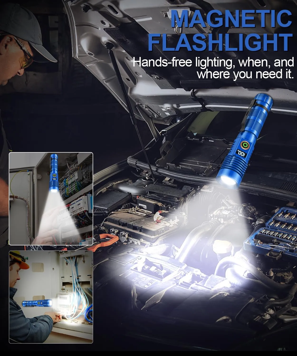 Rechargeable Flashlight High Lumens- Super Bright Magnetic Flash Light with Power Digital Display,Long Range,Dimmable,Waterproof,Pocket LED Flashlights for Emergency Camping 2PC Blue