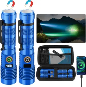 Rechargeable Flashlight High Lumens- Super Bright Magnetic Flash Light with Power Digital Display,Long Range,Dimmable,Waterproof,Pocket LED Flashlights for Emergency Camping 2PC Blue