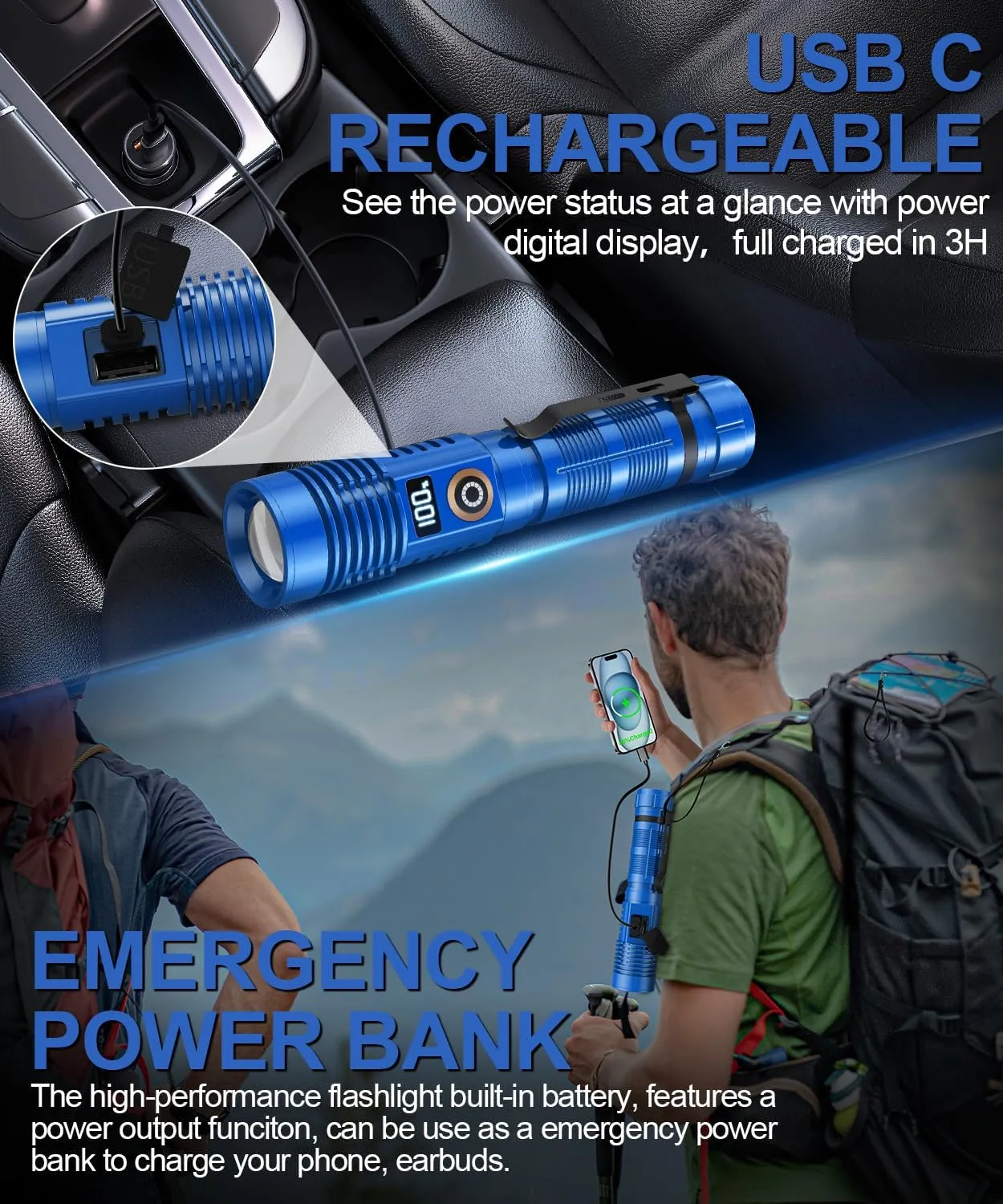 Rechargeable Flashlight High Lumens- Super Bright Magnetic Flash Light with Power Digital Display,Long Range,Dimmable,Waterproof,Pocket LED Flashlights for Emergency Camping 2PC Blue