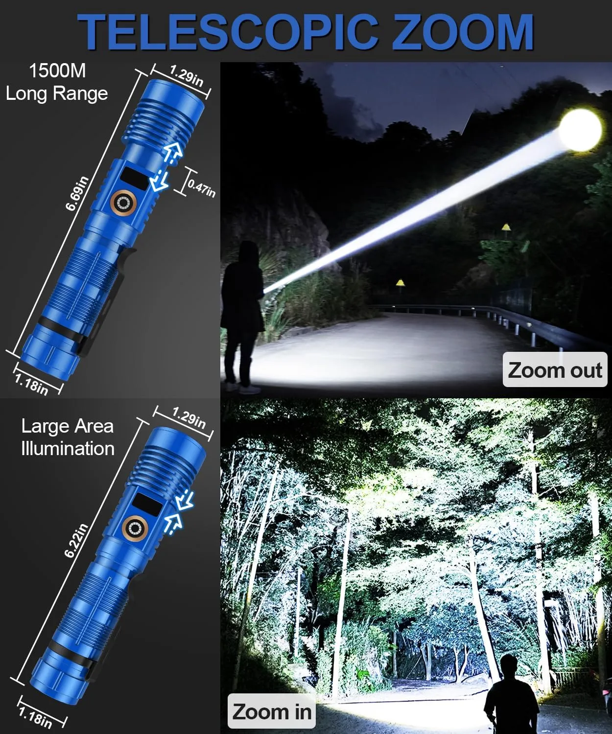 Rechargeable Flashlight High Lumens- Super Bright Magnetic Flash Light with Power Digital Display,Long Range,Dimmable,Waterproof,Pocket LED Flashlights for Emergency Camping 2PC Blue