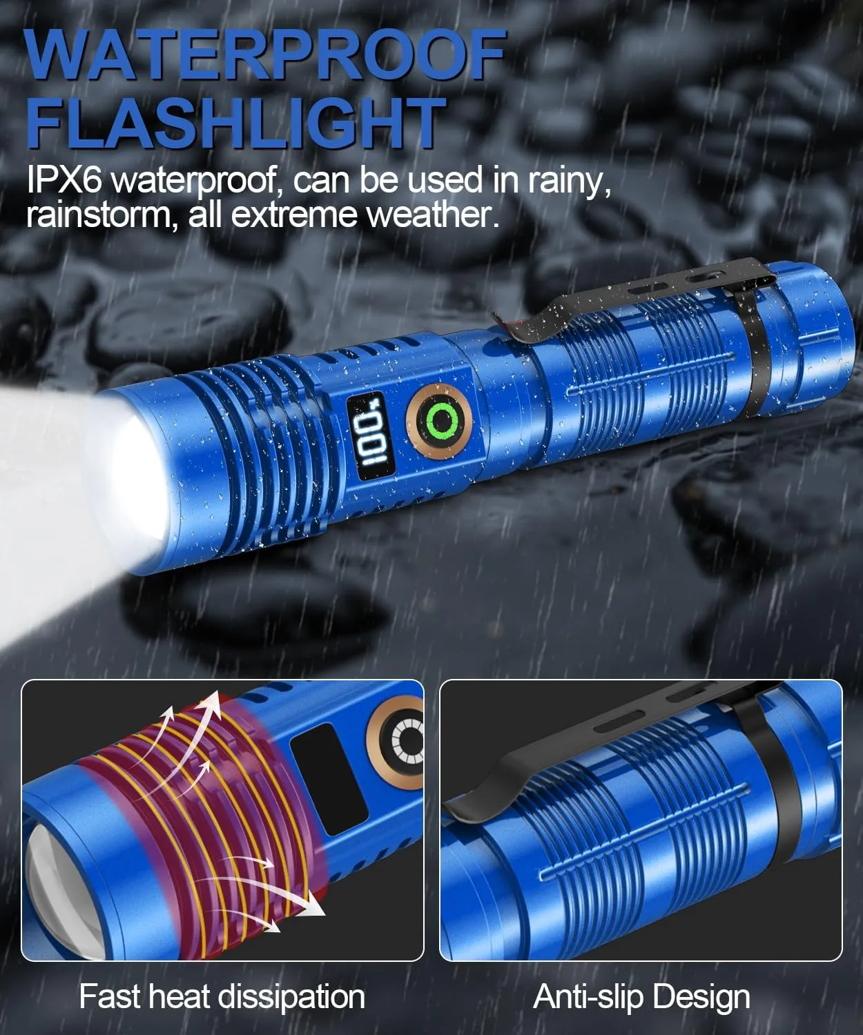 Rechargeable Flashlight High Lumens- Super Bright Magnetic Flash Light with Power Digital Display,Long Range,Dimmable,Waterproof,Pocket LED Flashlights for Emergency Camping 2PC Blue