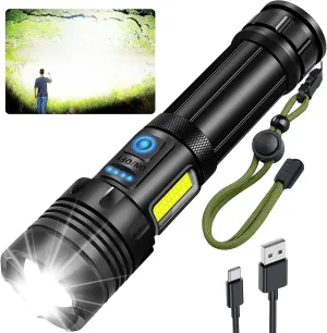 Rechargeable Flashlight, Powerful Led Tactical Flashlights with Zoomable, 7 Modes & Cob Light, Ipx7 Waterproof, Brightest Flashlight for Camping, Emergencies, Dog Walking