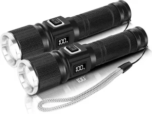 Rechargeable Flashlight with LCD Display, Super Bright Small Pocket Flashlight, 3 Modes LED Tactical Flash Light, Zoomable Waterproof for Camping and Home(2Pack, Black CW)