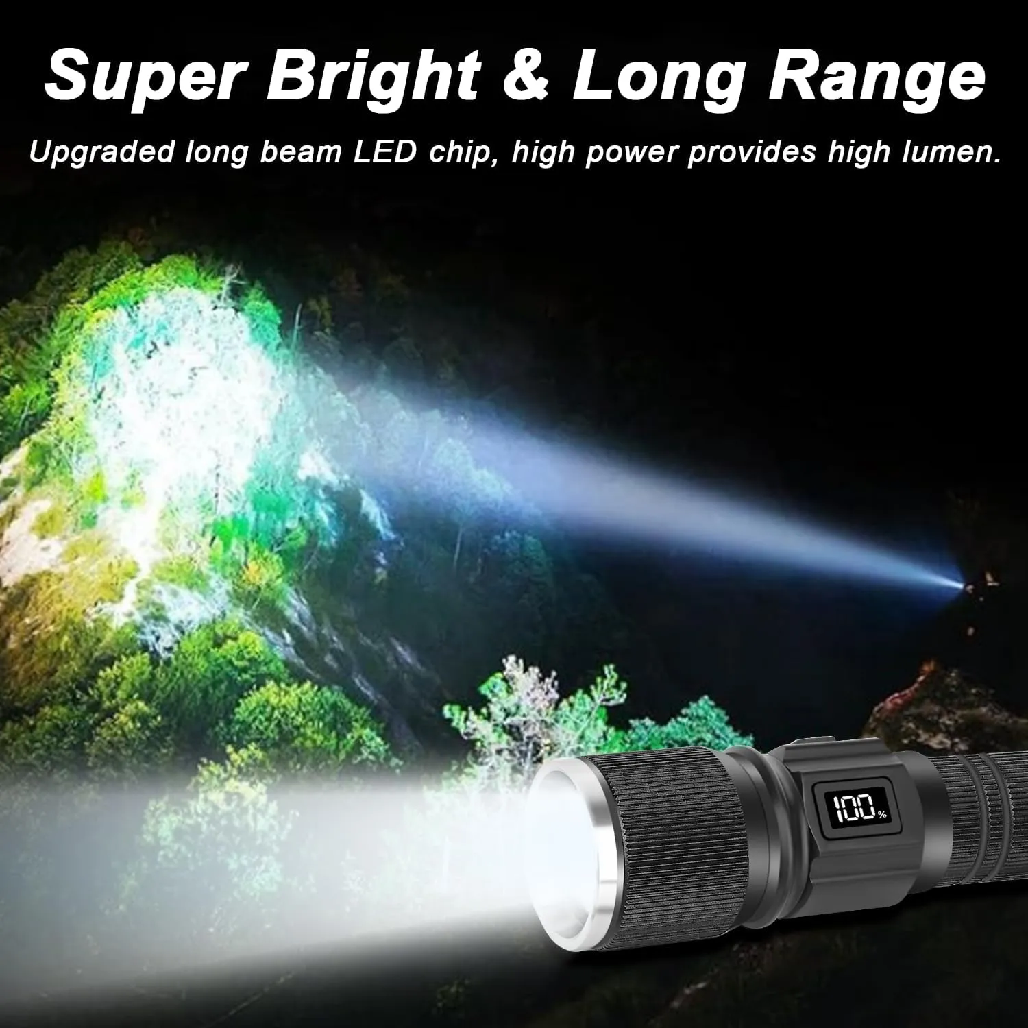 Rechargeable Flashlight with LCD Display, Super Bright Small Pocket Flashlight, 3 Modes LED Tactical Flash Light, Zoomable Waterproof for Camping and Home(2Pack, Black CW)